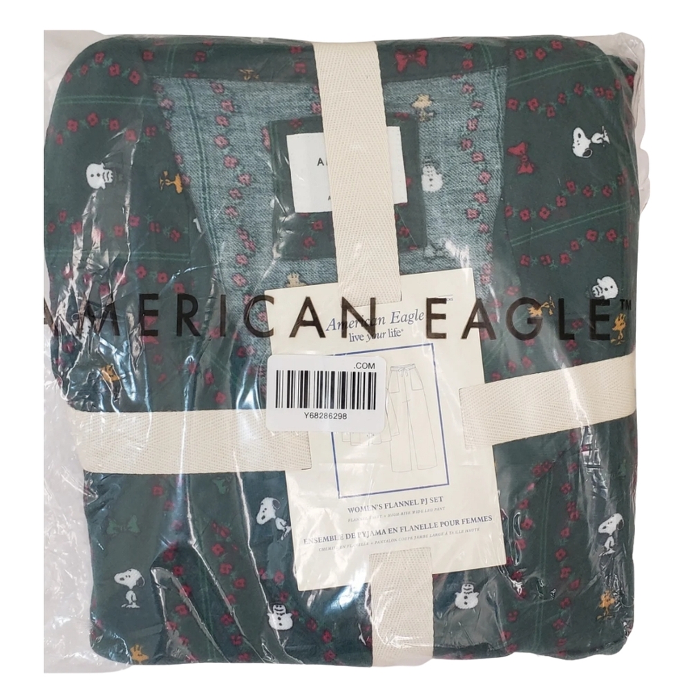 AMERICAN EAGLE Pajama Set Snoopy Flannel Deep Forest NWT